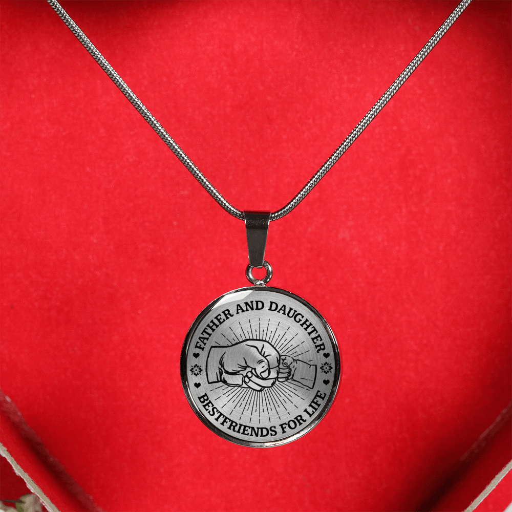 FATHER DAUGHTER FIST BUMP BEST FRIENDS - (BLACK ON TRANSPARENT) SILVER FINISHED CIRCLE NECKLACE - podprintz.com