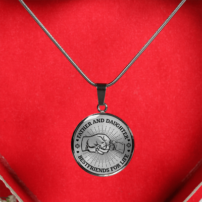 FATHER DAUGHTER FIST BUMP BEST FRIENDS - (BLACK ON TRANSPARENT) SILVER FINISHED CIRCLE NECKLACE - podprintz.com