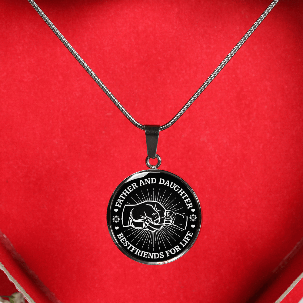 FATHER DAUGHTER FIST BUMP BEST FRIENDS - (BLACK & WHITE) SILVER FINISHED CIRCLE NECKLACE - podprintz.com