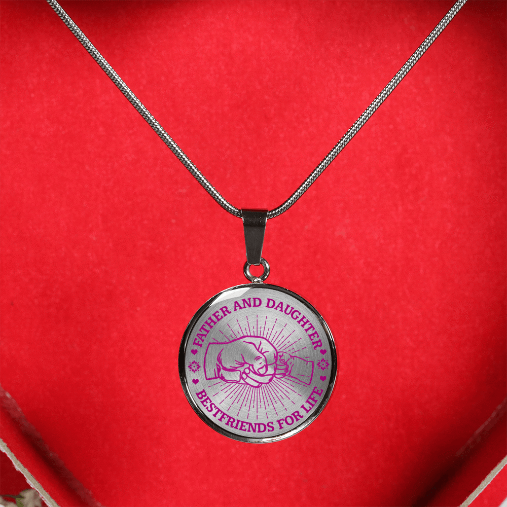 FATHER DAUGHTER FIST BUMP BEST FRIENDS - (PINK ON TRANSPARENT) SILVER FINISHED CIRCLE NECKLACE - podprintz.com