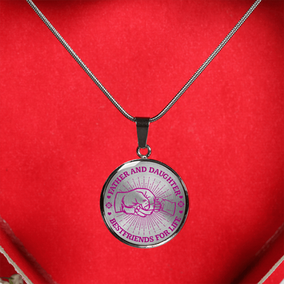 FATHER DAUGHTER FIST BUMP BEST FRIENDS - (PINK ON TRANSPARENT) SILVER FINISHED CIRCLE NECKLACE - podprintz.com