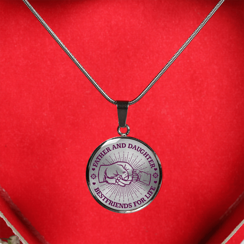 FATHER DAUGHTER FIST BUMP BEST FRIENDS - (PURPLE ON TRANSPARENT) SILVER FINISHED CIRCLE NECKLACE - podprintz.com