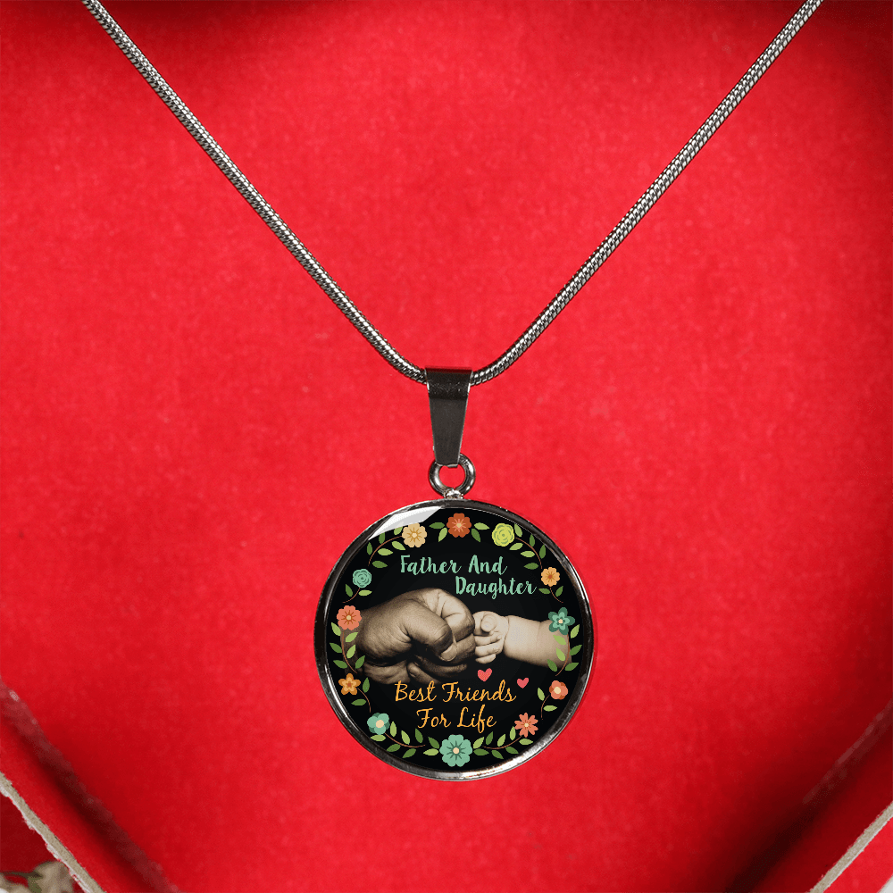 Father Daughter Best Friends Fist Bump (color)  - Silver Finished Circle Necklace - podprintz.com