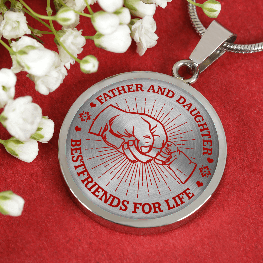 FATHER DAUGHTER FIST BUMP BEST FRIENDS - (RED ON TRANSPARENT) SILVER FINISHED CIRCLE NECKLACE - podprintz.com