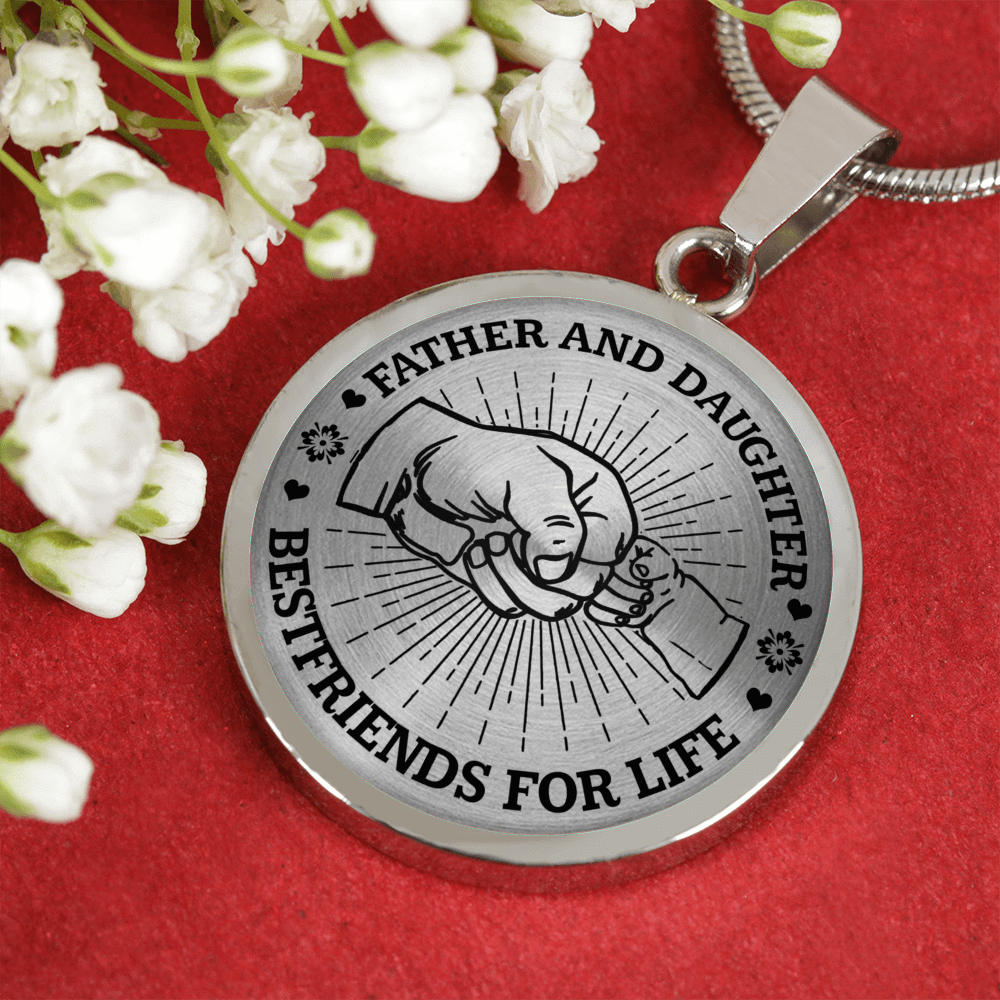 FATHER DAUGHTER FIST BUMP BEST FRIENDS - (BLACK ON TRANSPARENT) SILVER FINISHED CIRCLE NECKLACE - podprintz.com