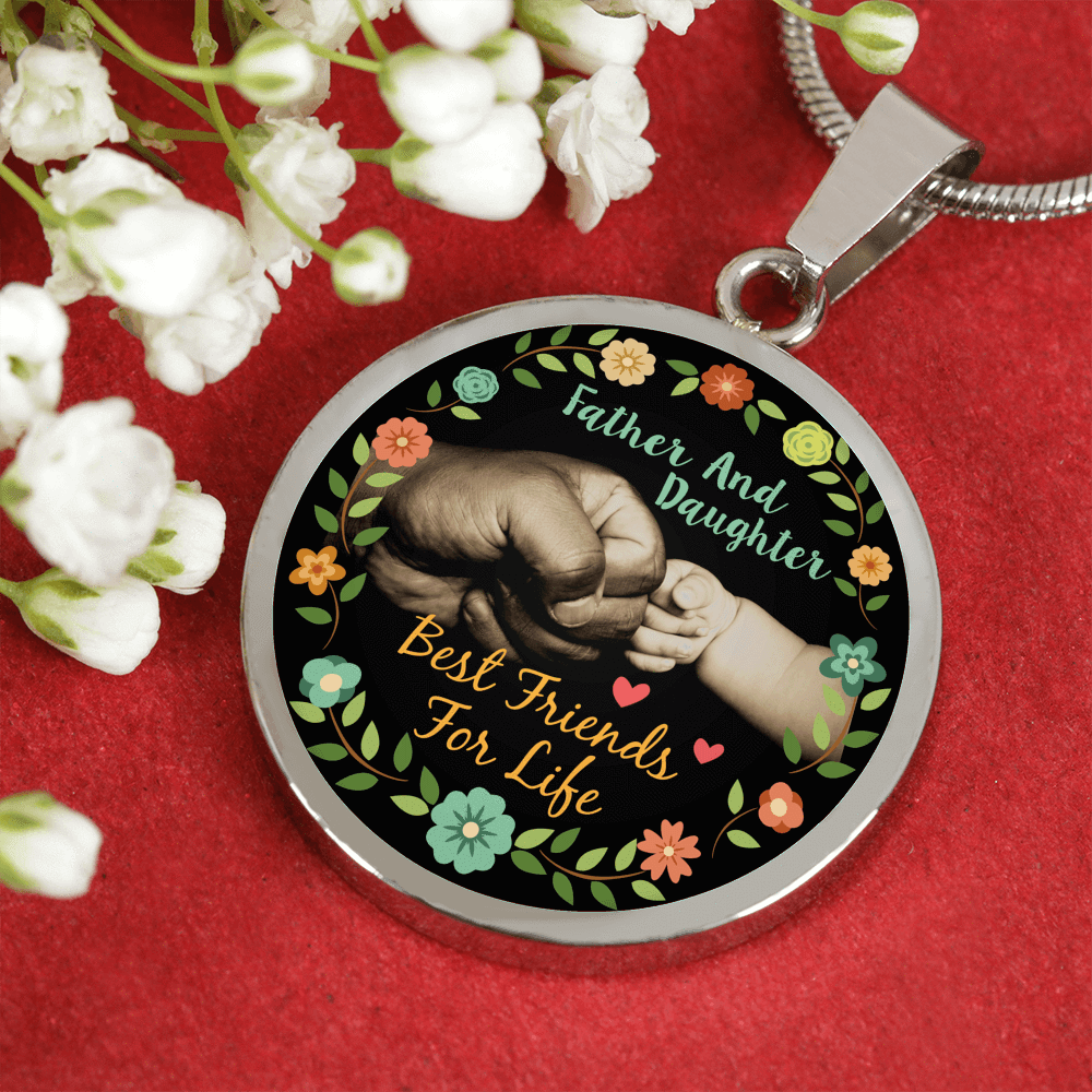 Father Daughter Best Friends Fist Bump (color)  - Silver Finished Circle Necklace - podprintz.com