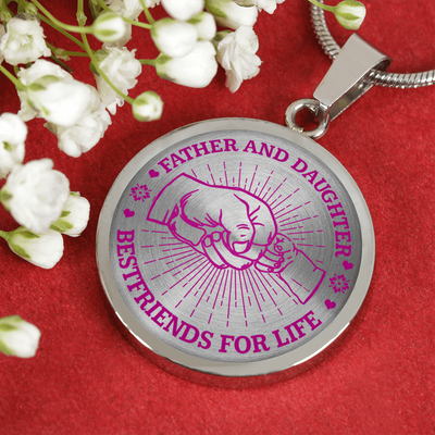 FATHER DAUGHTER FIST BUMP BEST FRIENDS - (PINK ON TRANSPARENT) SILVER FINISHED CIRCLE NECKLACE - podprintz.com