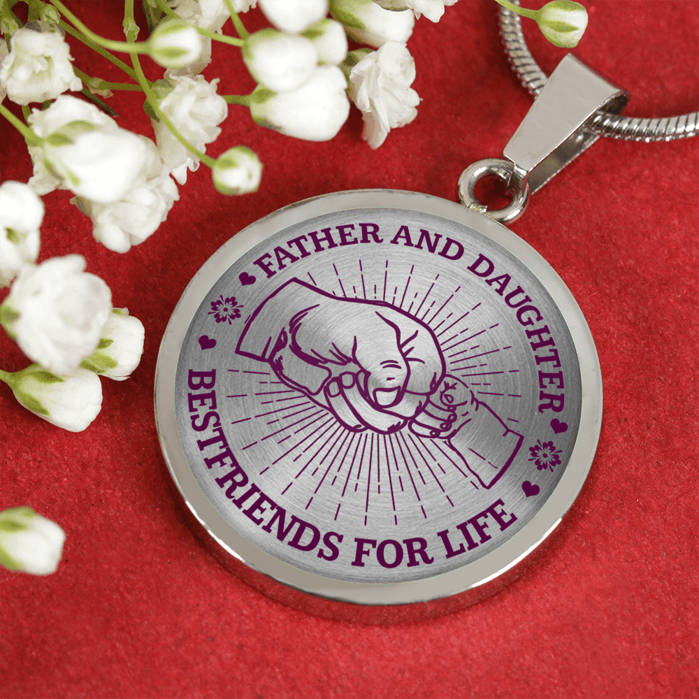 FATHER DAUGHTER FIST BUMP BEST FRIENDS - (PURPLE ON TRANSPARENT) SILVER FINISHED CIRCLE NECKLACE - podprintz.com