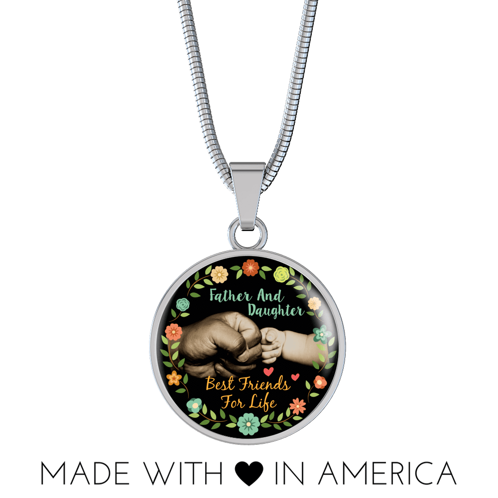 Father Daughter Best Friends Fist Bump (color)  - Silver Finished Circle Necklace - podprintz.com