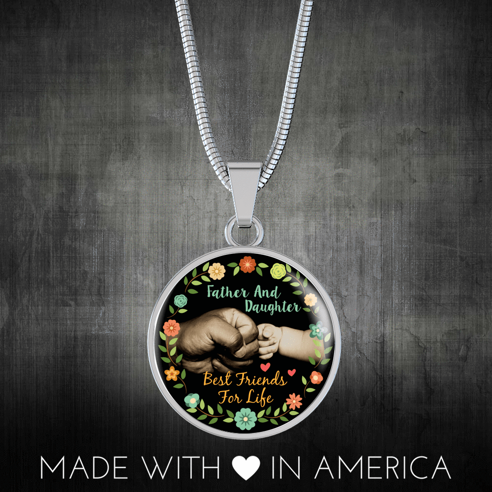 Father Daughter Best Friends Fist Bump (color)  - Silver Finished Circle Necklace - podprintz.com
