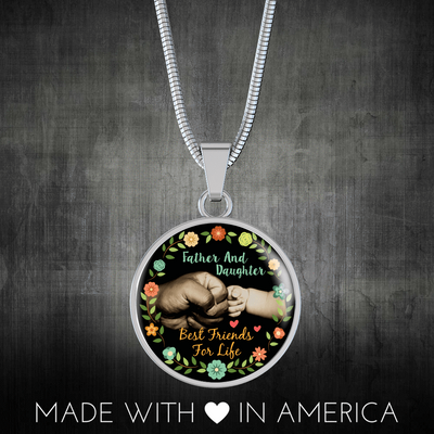 Father Daughter Best Friends Fist Bump (color)  - Silver Finished Circle Necklace - podprintz.com