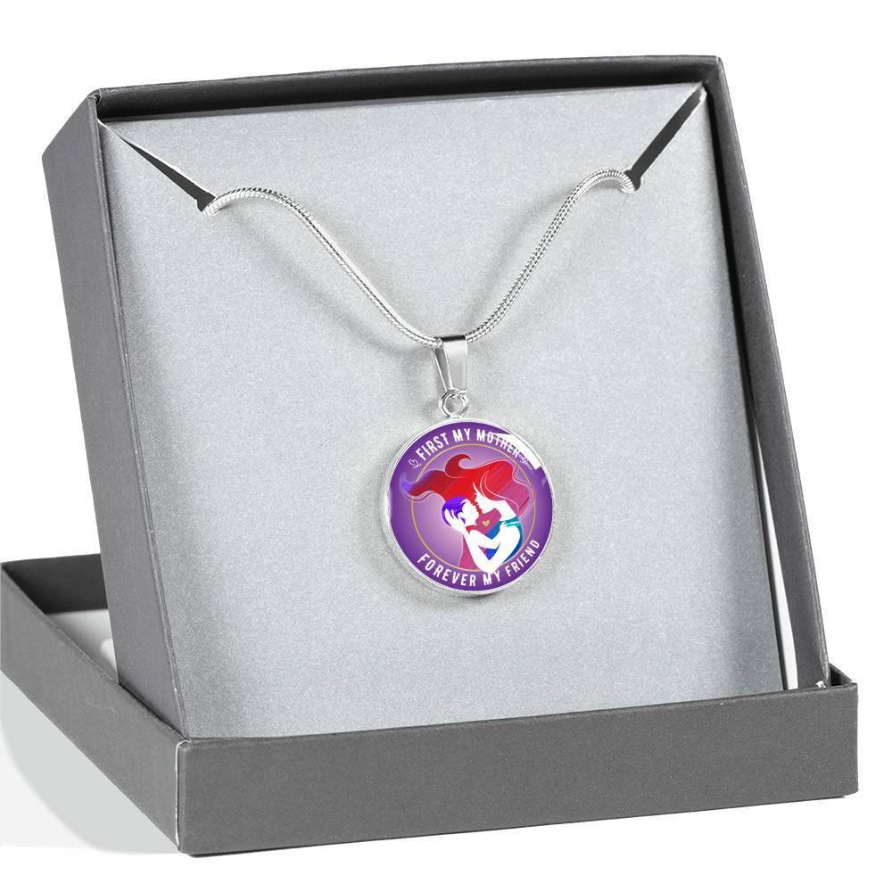 FIRST MY MOTHER, FOREVER MY FRIEND (WHITE ON PURPLE) SILVER AND GOLD FINISHED CIRCLE SHAPED NECKLACE - podprintz.com