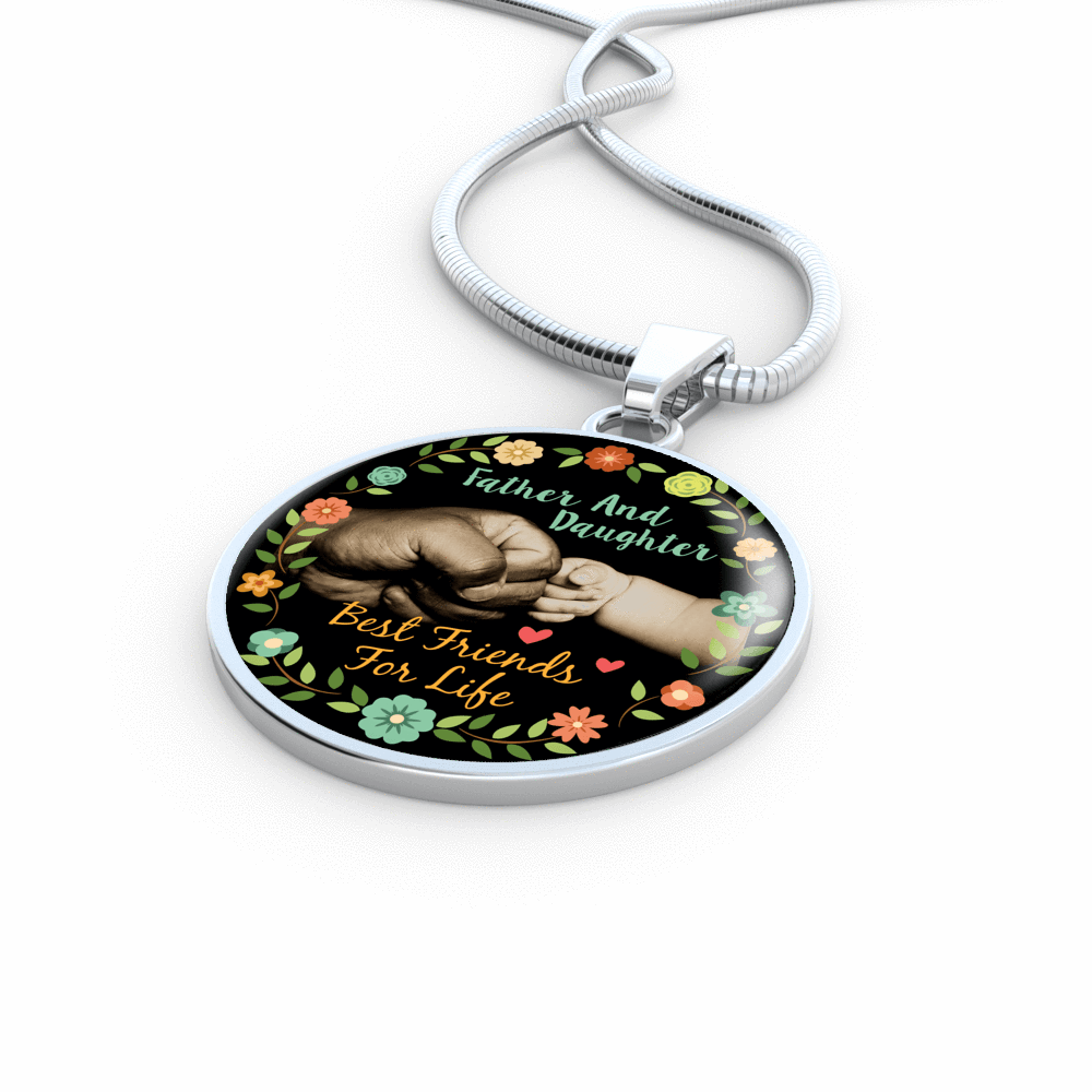 Father Daughter Best Friends Fist Bump (color)  - Silver Finished Circle Necklace - podprintz.com