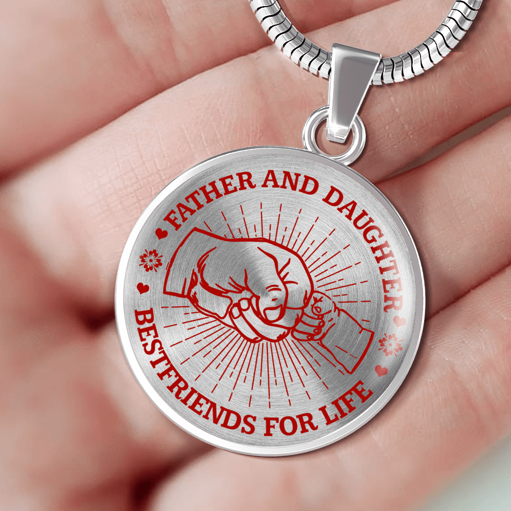 FATHER DAUGHTER FIST BUMP BEST FRIENDS - (RED ON TRANSPARENT) SILVER FINISHED CIRCLE NECKLACE - podprintz.com