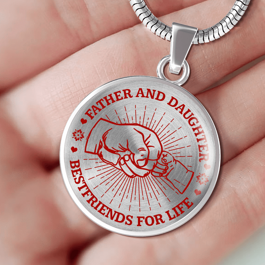 FATHER DAUGHTER FIST BUMP BEST FRIENDS - (RED ON TRANSPARENT) SILVER FINISHED CIRCLE NECKLACE - podprintz.com