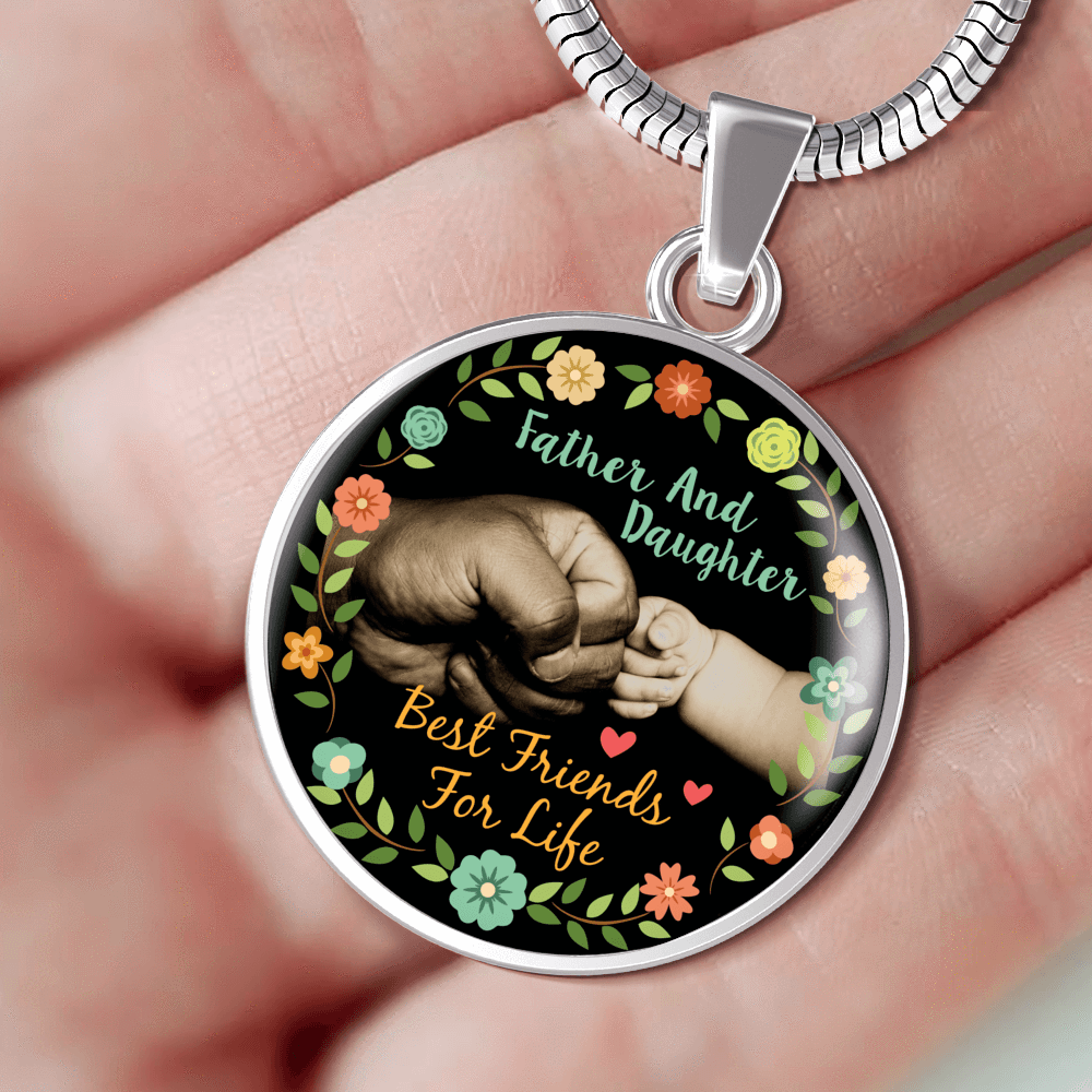 Father Daughter Best Friends Fist Bump (color)  - Silver Finished Circle Necklace - podprintz.com