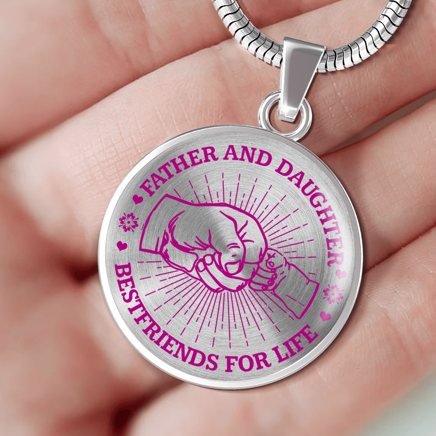 FATHER DAUGHTER FIST BUMP BEST FRIENDS - (PINK ON TRANSPARENT) SILVER FINISHED CIRCLE NECKLACE - podprintz.com