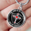 LORD IS MY STRENGTH AND MY SHIELD (RED) - SILVER AND GOLD FINISHED CIRCLE NECKLACE - podprintz.com