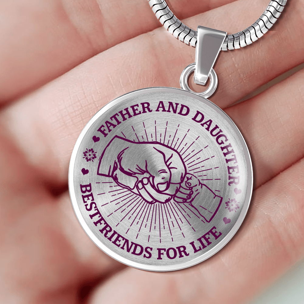 FATHER DAUGHTER FIST BUMP BEST FRIENDS - (PURPLE ON TRANSPARENT) SILVER FINISHED CIRCLE NECKLACE - podprintz.com