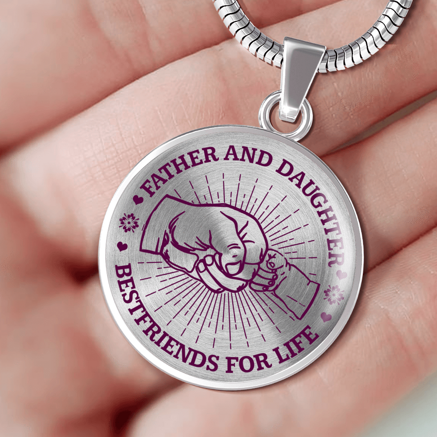 FATHER DAUGHTER FIST BUMP BEST FRIENDS - (PURPLE ON TRANSPARENT) SILVER FINISHED CIRCLE NECKLACE - podprintz.com