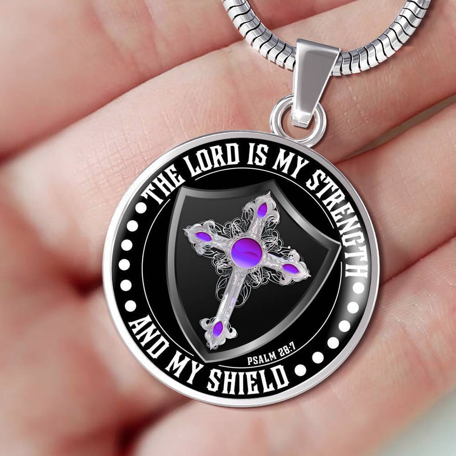 LORD IS MY STRENGTH AND MY SHIELD (PURPLE CROSS) - SILVER AND GOLD FINISHED CIRCLE NECKLACE EO - podprintz.com