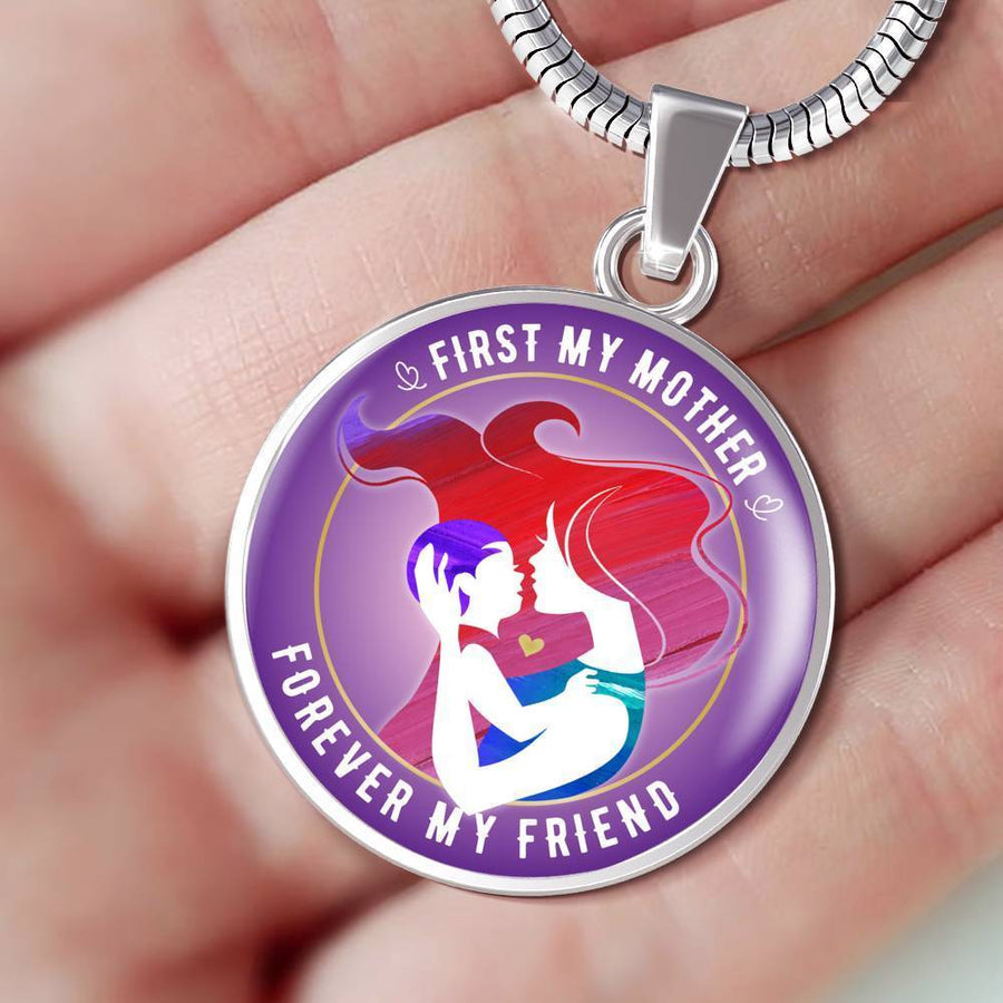 FIRST MY MOTHER, FOREVER MY FRIEND (WHITE ON PURPLE) SILVER AND GOLD FINISHED CIRCLE SHAPED NECKLACE - podprintz.com