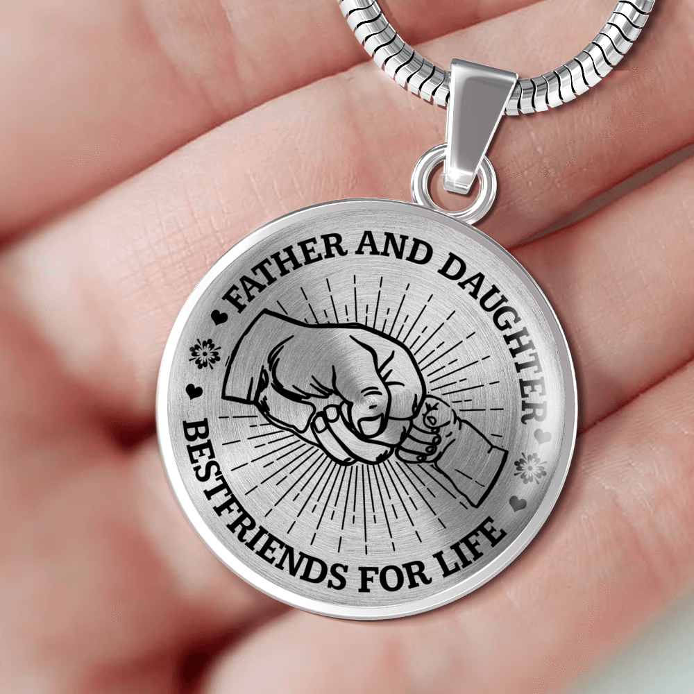 FATHER DAUGHTER FIST BUMP BEST FRIENDS - (BLACK ON TRANSPARENT) SILVER FINISHED CIRCLE NECKLACE - podprintz.com
