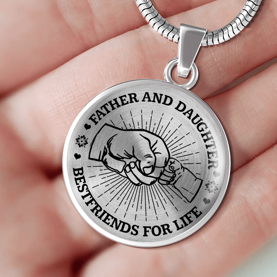 FATHER DAUGHTER FIST BUMP BEST FRIENDS - (BLACK ON TRANSPARENT) SILVER FINISHED CIRCLE NECKLACE - podprintz.com