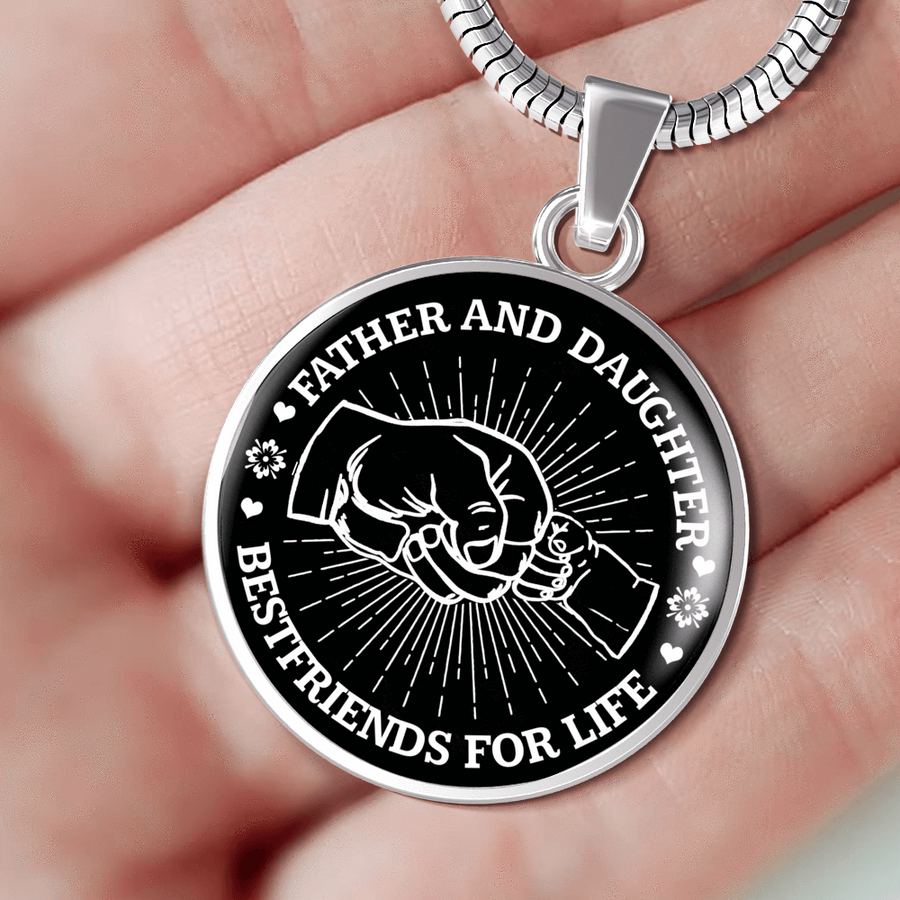 FATHER DAUGHTER FIST BUMP BEST FRIENDS - (BLACK & WHITE) SILVER FINISHED CIRCLE NECKLACE - podprintz.com