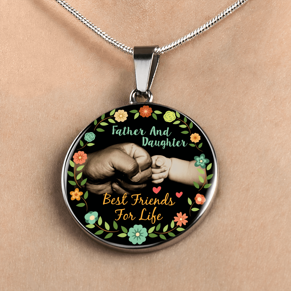 Father Daughter Best Friends Fist Bump (color)  - Silver Finished Circle Necklace - podprintz.com