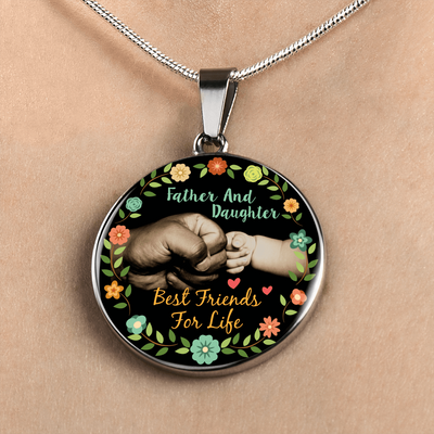 Father Daughter Best Friends Fist Bump (color)  - Silver Finished Circle Necklace - podprintz.com