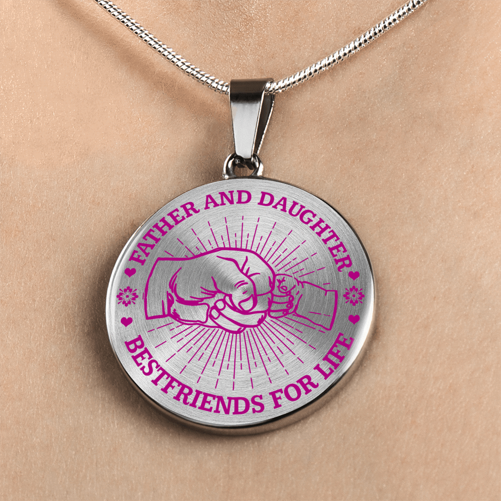FATHER DAUGHTER FIST BUMP BEST FRIENDS - (PINK ON TRANSPARENT) SILVER FINISHED CIRCLE NECKLACE - podprintz.com
