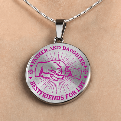 FATHER DAUGHTER FIST BUMP BEST FRIENDS - (PINK ON TRANSPARENT) SILVER FINISHED CIRCLE NECKLACE - podprintz.com