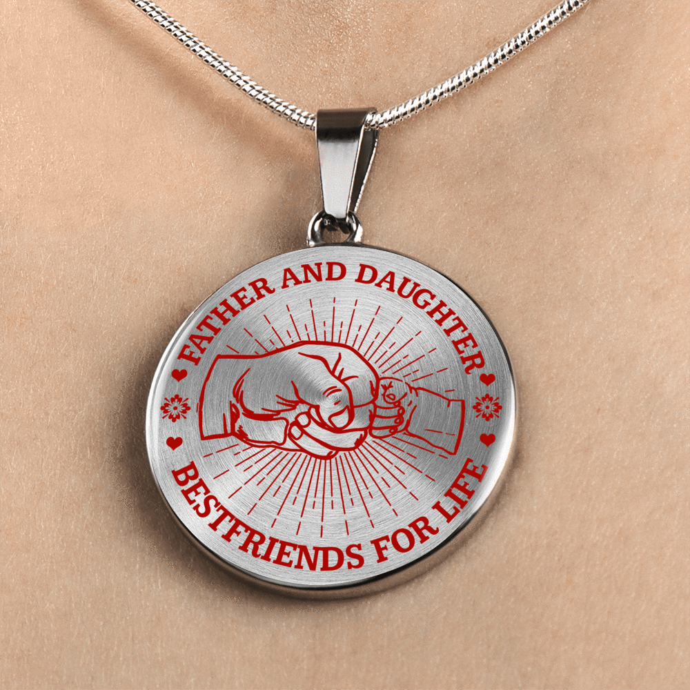 FATHER DAUGHTER FIST BUMP BEST FRIENDS - (RED ON TRANSPARENT) SILVER FINISHED CIRCLE NECKLACE - podprintz.com