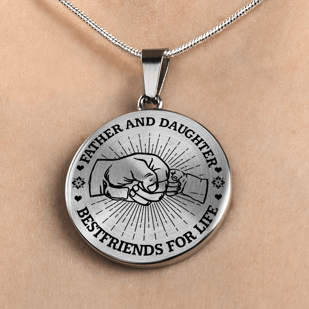 FATHER DAUGHTER FIST BUMP BEST FRIENDS - (BLACK ON TRANSPARENT) SILVER FINISHED CIRCLE NECKLACE - podprintz.com