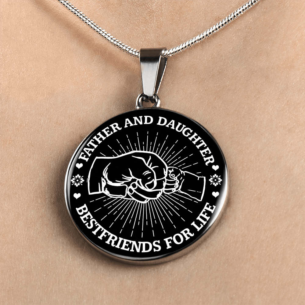 FATHER DAUGHTER FIST BUMP BEST FRIENDS - (BLACK & WHITE) SILVER FINISHED CIRCLE NECKLACE - podprintz.com