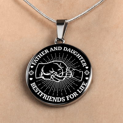 FATHER DAUGHTER FIST BUMP BEST FRIENDS - (BLACK & WHITE) SILVER FINISHED CIRCLE NECKLACE - podprintz.com
