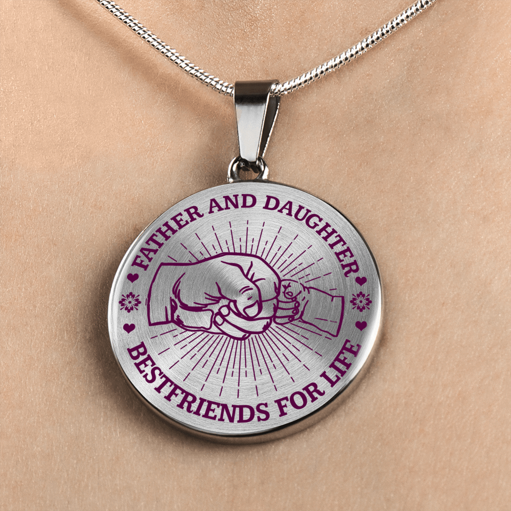 FATHER DAUGHTER FIST BUMP BEST FRIENDS - (PURPLE ON TRANSPARENT) SILVER FINISHED CIRCLE NECKLACE - podprintz.com