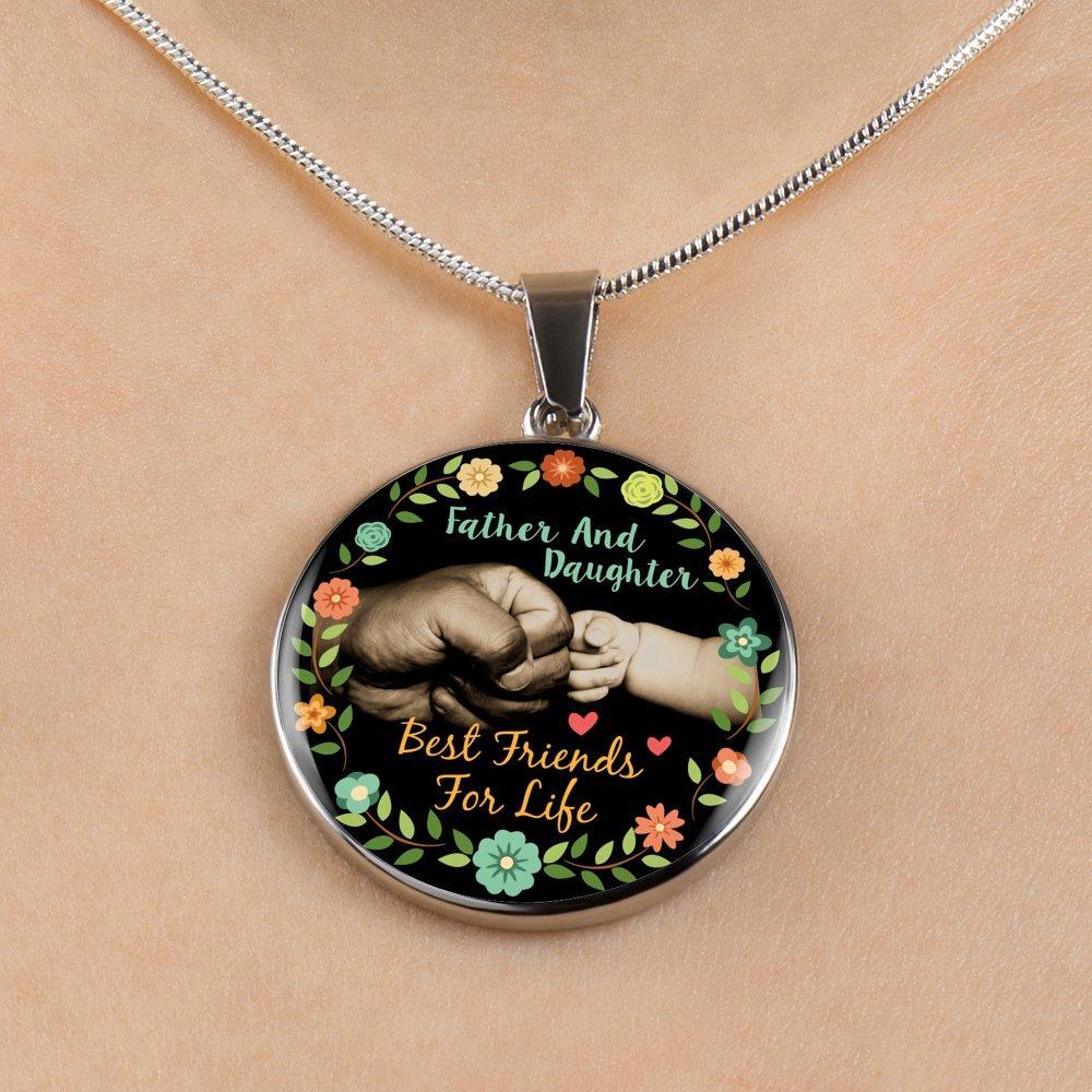 Father Daughter Best Friends Fist Bump (color)  - Silver Finished Circle Necklace - podprintz.com