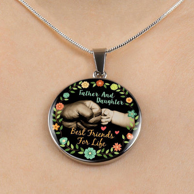 Father Daughter Best Friends Fist Bump (color)  - Silver Finished Circle Necklace - podprintz.com