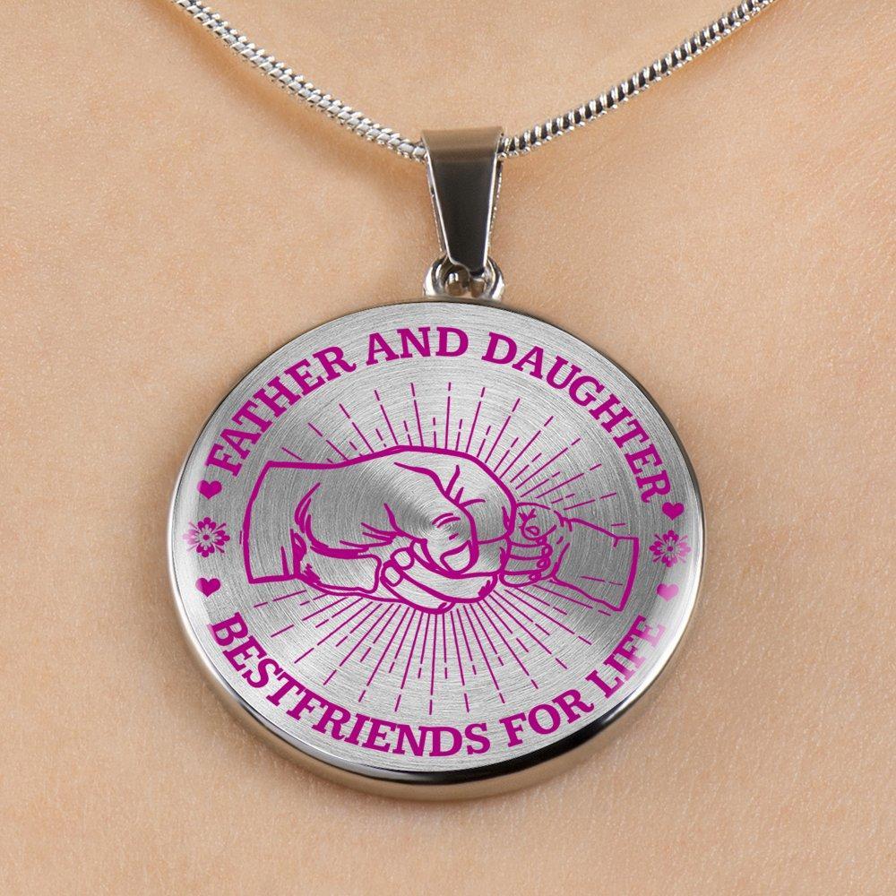 FATHER DAUGHTER FIST BUMP BEST FRIENDS - (PINK ON TRANSPARENT) SILVER FINISHED CIRCLE NECKLACE - podprintz.com
