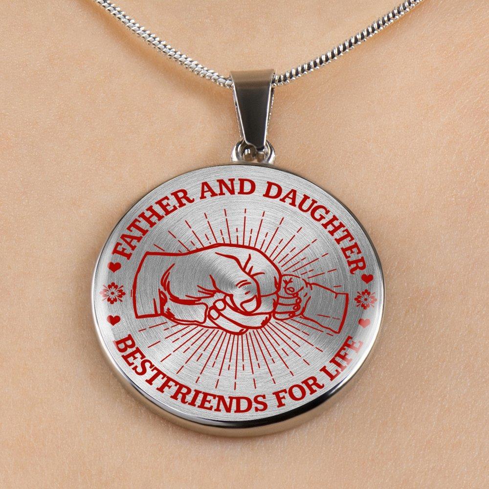 FATHER DAUGHTER FIST BUMP BEST FRIENDS - (RED ON TRANSPARENT) SILVER FINISHED CIRCLE NECKLACE - podprintz.com