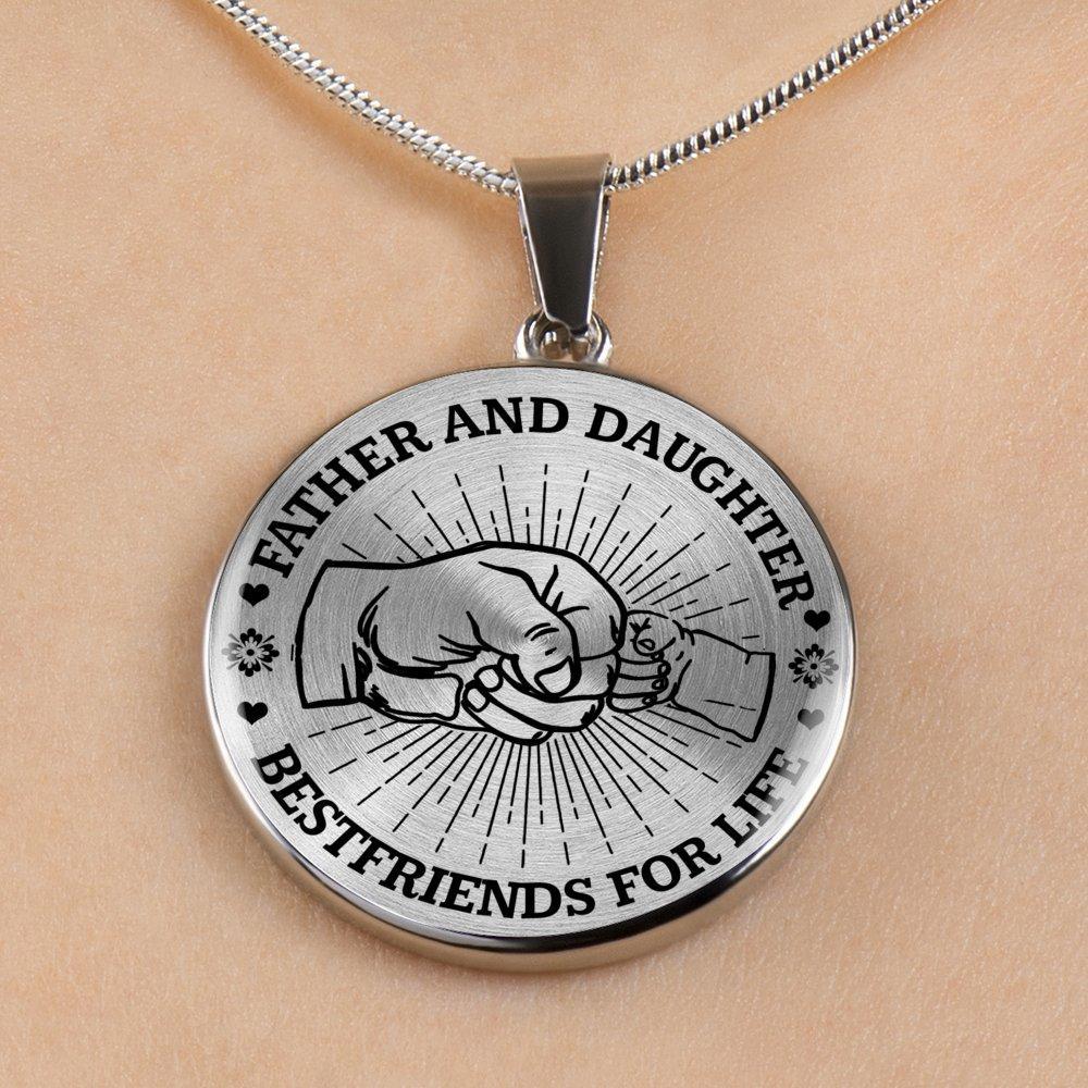 FATHER DAUGHTER FIST BUMP BEST FRIENDS - (BLACK ON TRANSPARENT) SILVER FINISHED CIRCLE NECKLACE - podprintz.com