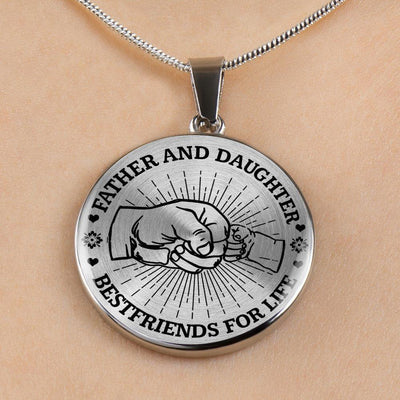 FATHER DAUGHTER FIST BUMP BEST FRIENDS - (BLACK ON TRANSPARENT) SILVER FINISHED CIRCLE NECKLACE - podprintz.com