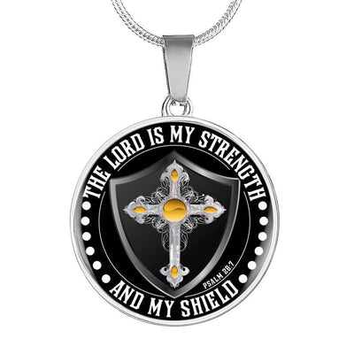 LORD IS MY STRENGTH AND MY SHIELD (YELLOW CROSS) - SILVER AND GOLD FINISHED CIRCLE NECKLACE EO - podprintz.com