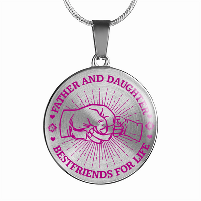 FATHER DAUGHTER FIST BUMP BEST FRIENDS - (PINK ON TRANSPARENT) SILVER FINISHED CIRCLE NECKLACE - podprintz.com