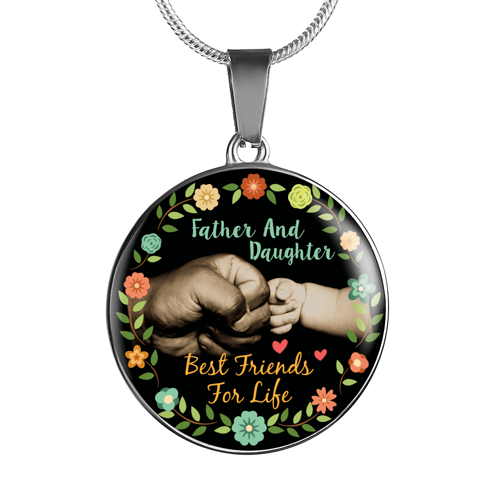 Father Daughter Best Friends Fist Bump (color)  - Silver Finished Circle Necklace - podprintz.com