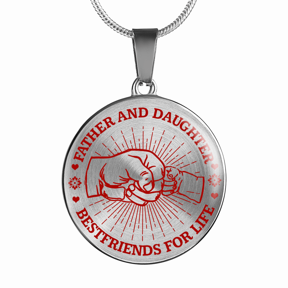 FATHER DAUGHTER FIST BUMP BEST FRIENDS - (RED ON TRANSPARENT) SILVER FINISHED CIRCLE NECKLACE - podprintz.com