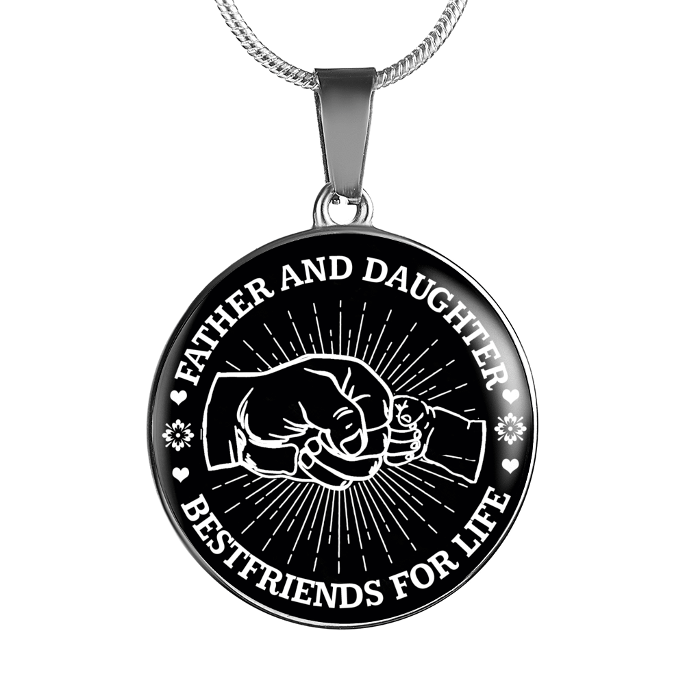 FATHER DAUGHTER FIST BUMP BEST FRIENDS - (BLACK & WHITE) SILVER FINISHED CIRCLE NECKLACE - podprintz.com