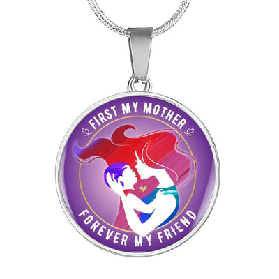 FIRST MY MOTHER, FOREVER MY FRIEND (WHITE ON PURPLE) SILVER AND GOLD FINISHED CIRCLE SHAPED NECKLACE - podprintz.com
